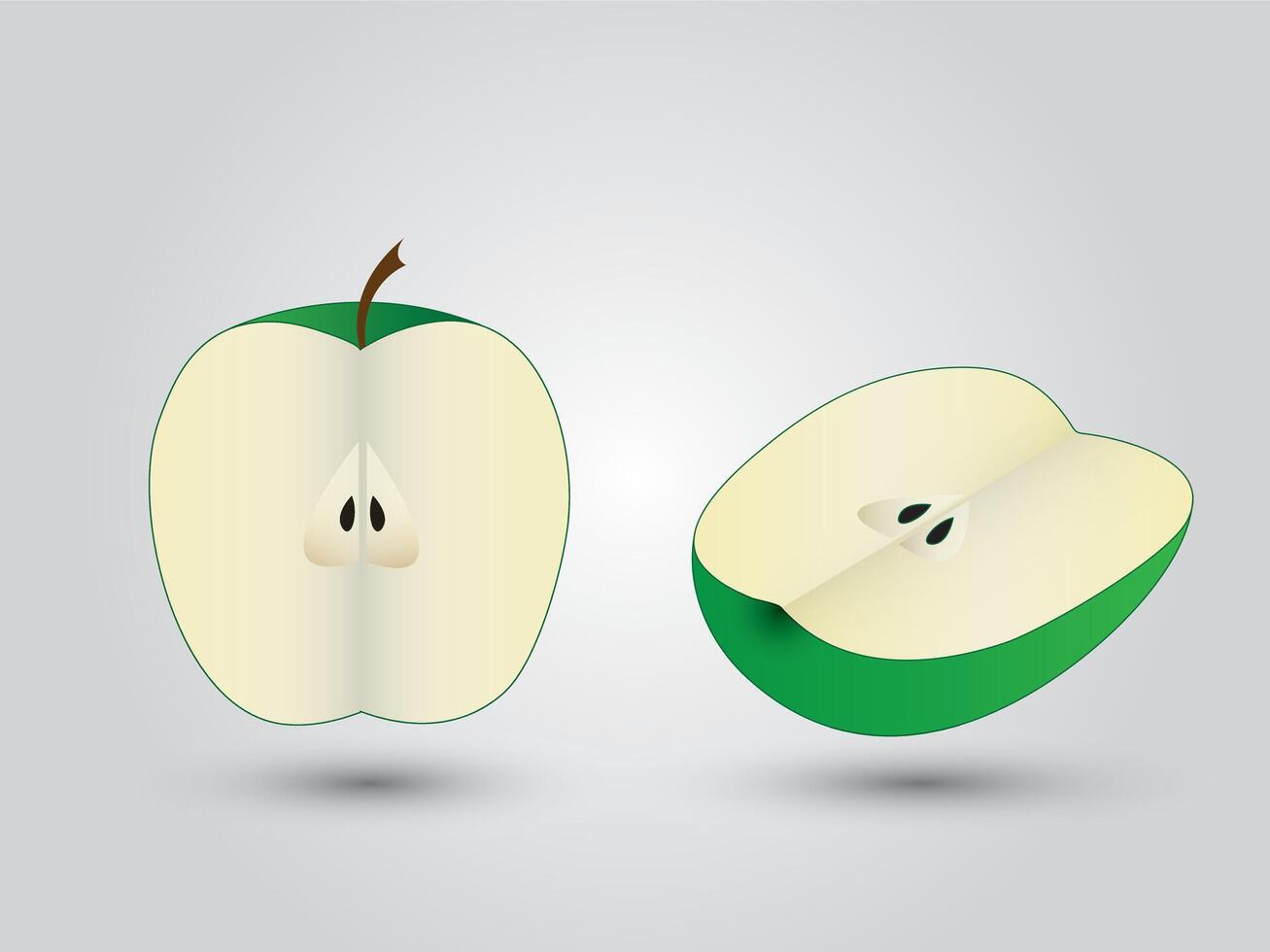 A green apple cut into two pieces or halves on white background vector