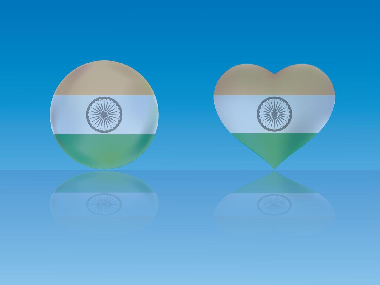 India flag in glossy ball and heart with reflection on blue background illustration vector