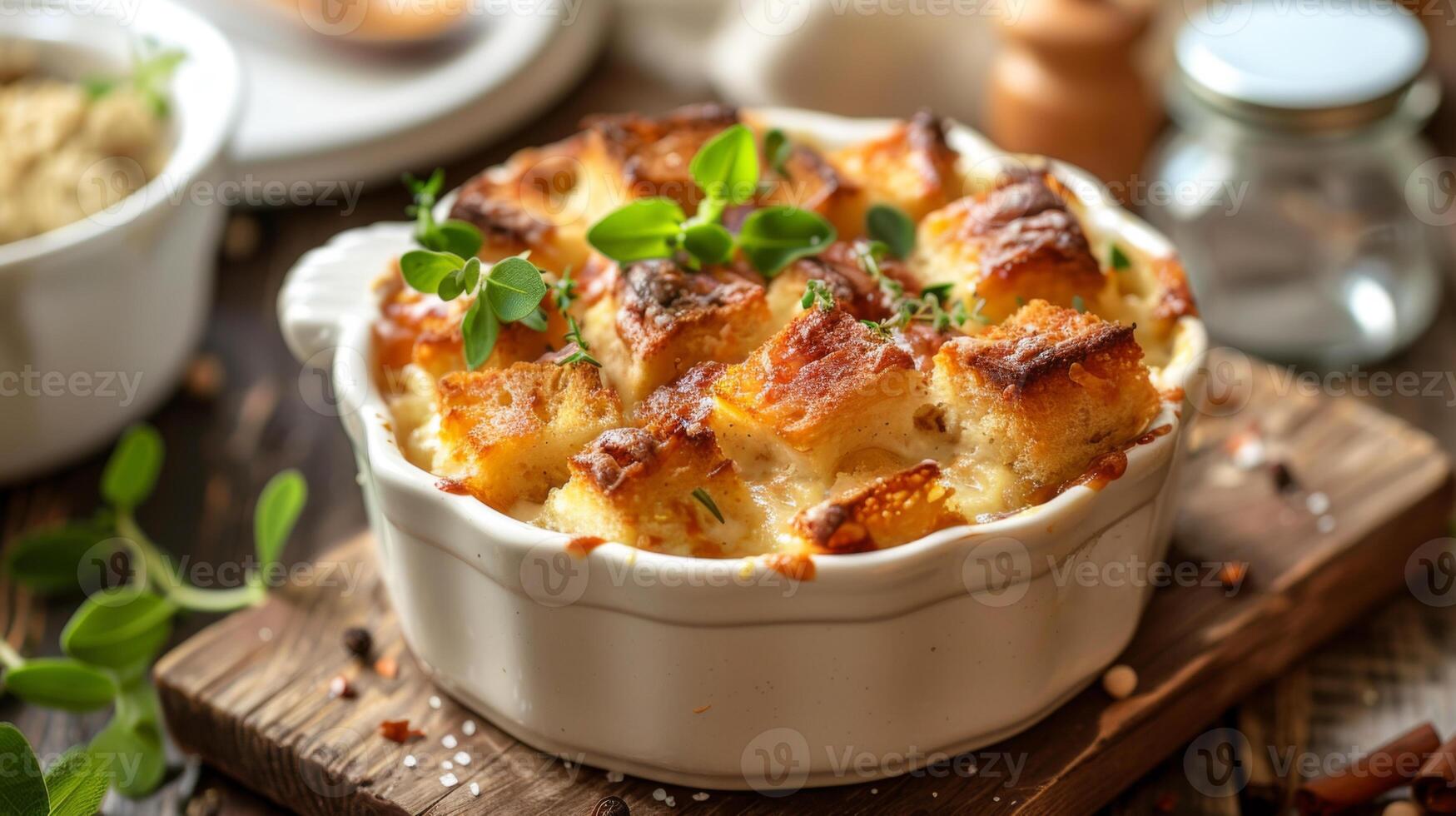 Delicious baked bread pudding topped with fresh herbs in a white dish, perfect for a comforting dessert. photo