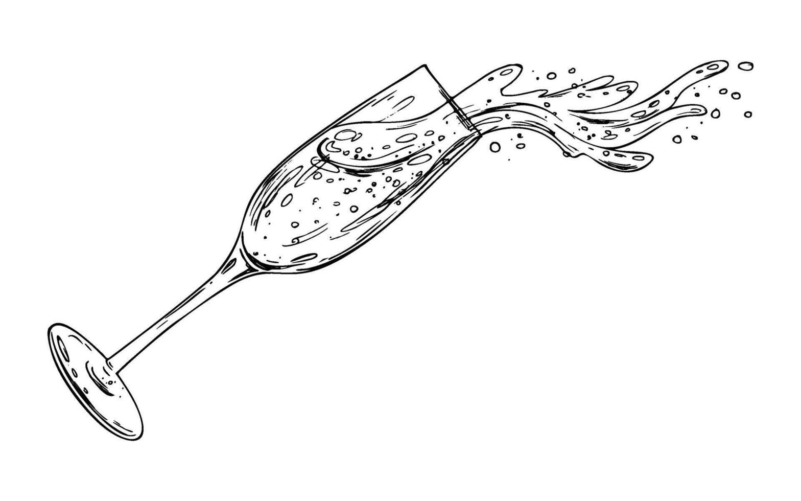 Glass goblet with champagne and splashes, sparkling wine. Line art is a simple hand-drawn illustration in black and white ink. Isolated EPS object. vector