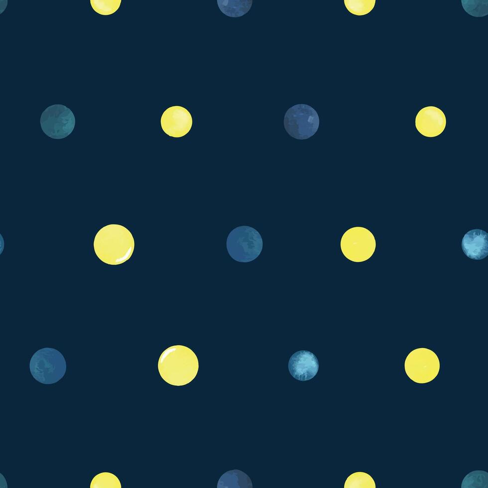 Bright turquoise, blue and yellow dots. Watercolor illustration hand drawn in a children s simple style. Seamless pattern on a dark blue background. vector
