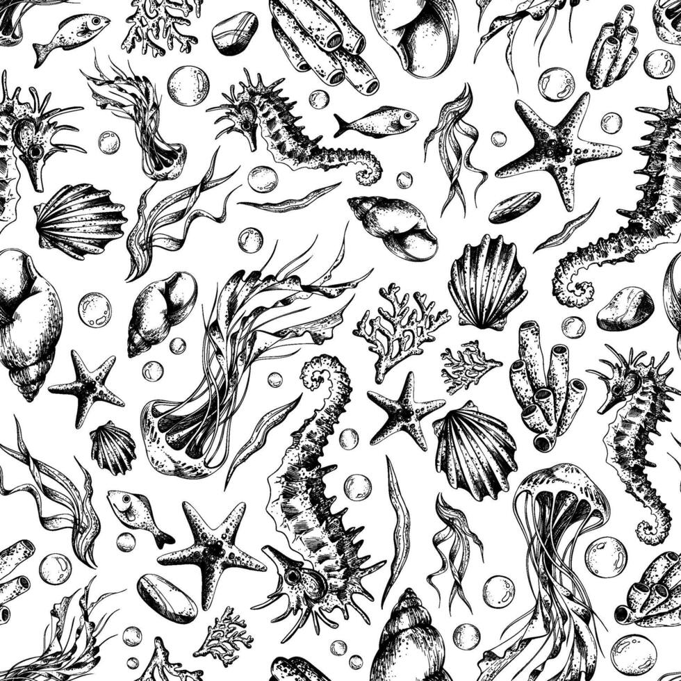 Seahorse and jellyfish with shells, corals, fish, algae and bubbles. Marine illustration of the underwater world hand drawn in black ink graphically. seamless pattern in EPS vector