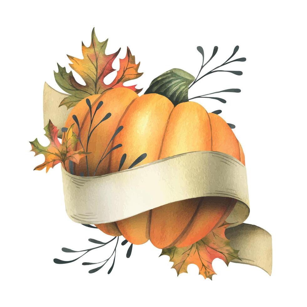 Orange autumn pumpkin with maple leaves, twigs and paper roll blank template for text. Watercolor illustration, hand drawn. Isolated composition on a white background. vector