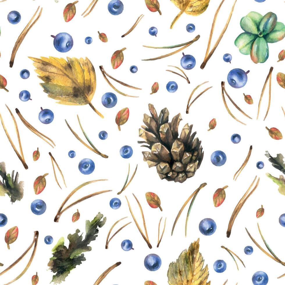 Forest, autumn leaves, pine cones and needles, moss and blueberries. Watercolor illustration, hand drawn. Seamless pattern for the design of packaging, fabric, textile wallpaper on a white background vector
