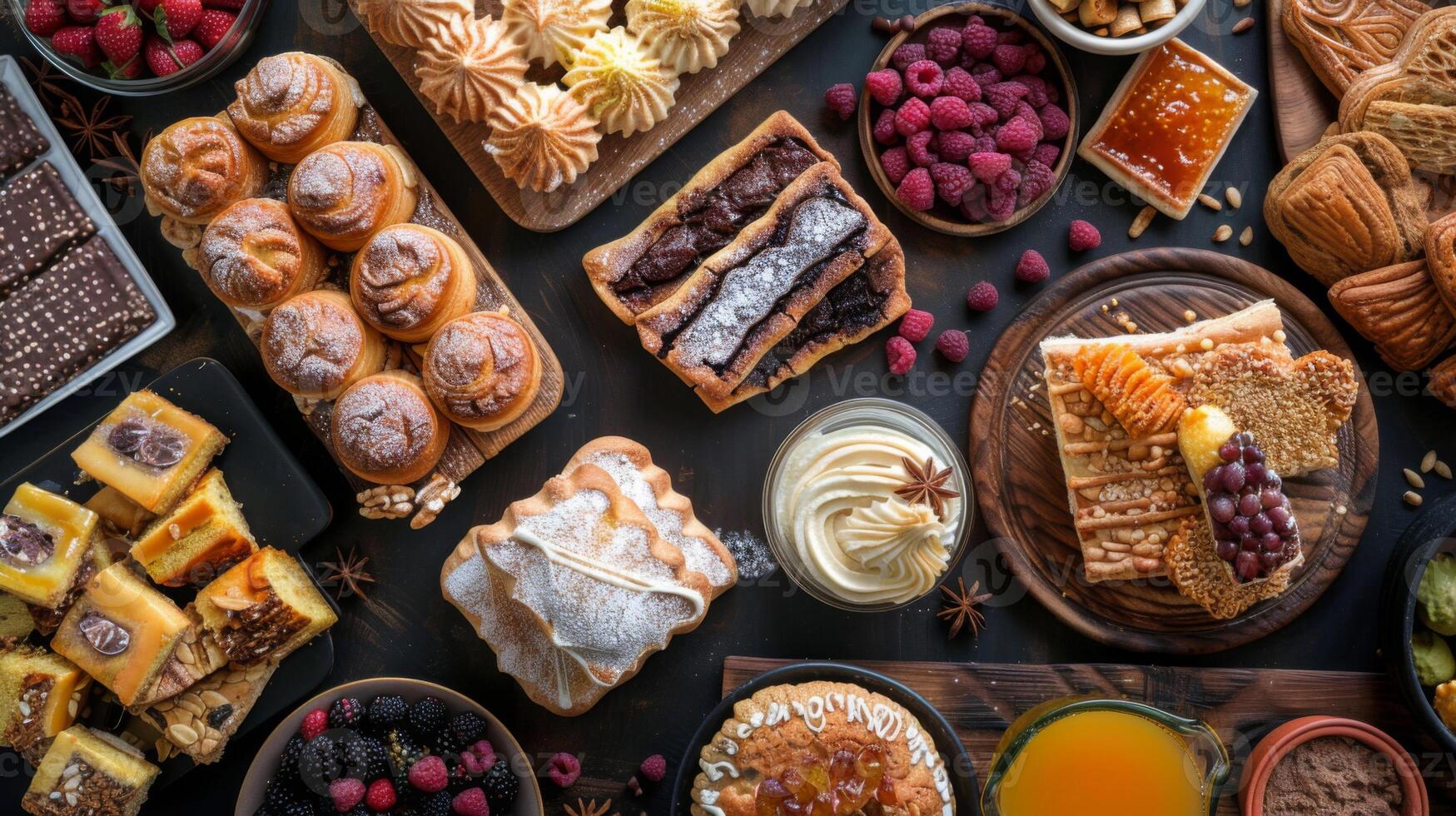 A variety of delicious pastries and desserts, including cakes, tarts, and fruits, are beautifully arranged on a table. photo