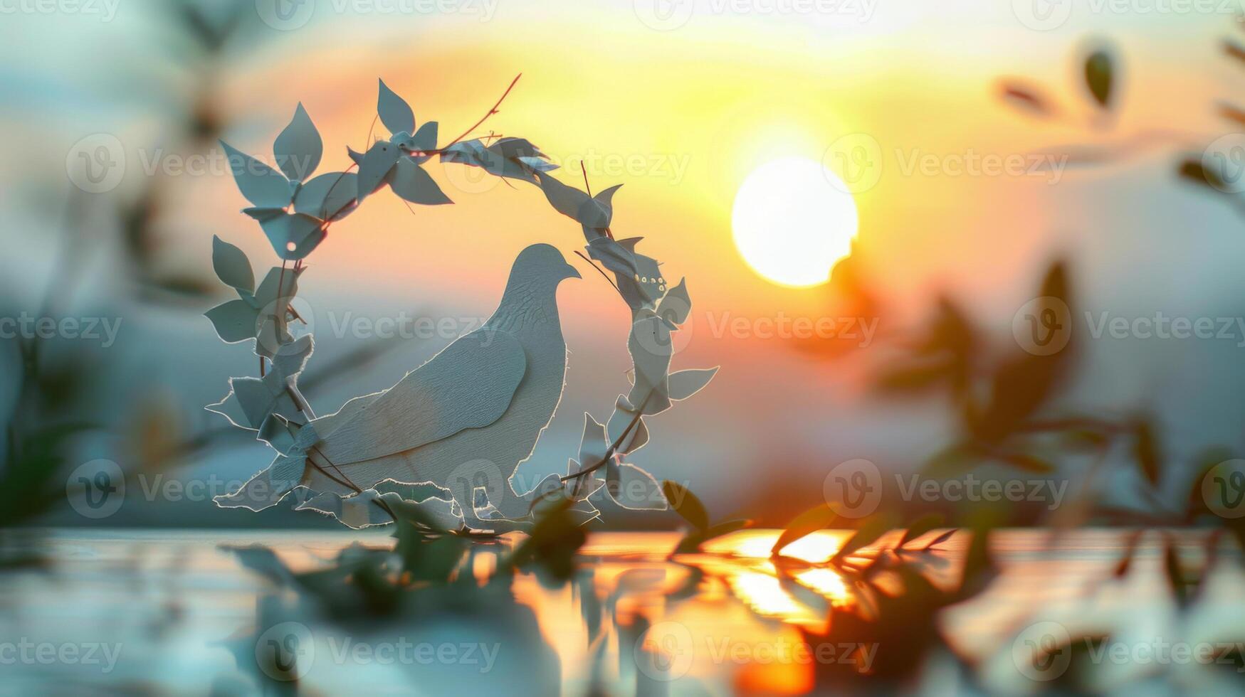Paper cutout of a dove in a wreath is silhouetted against a vibrant sunset, framed by leaves. photo