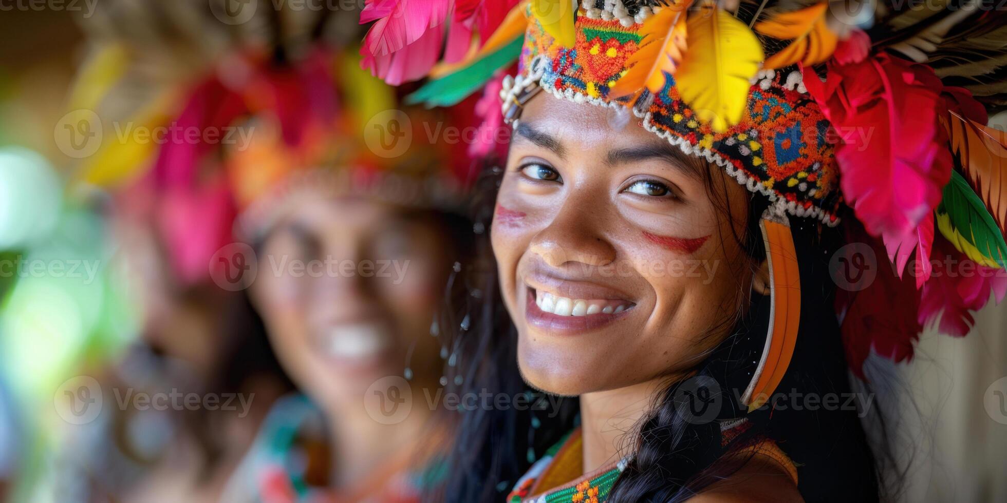 Portrait of a smiling woman wearing a colorful traditional tribal costume with intricate patterns and feathers. photo