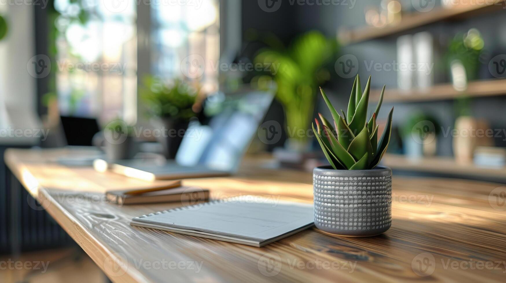 Bright and airy modern office desk setup featuring a succulent plant, notebook, and blurred background with natural light. photo