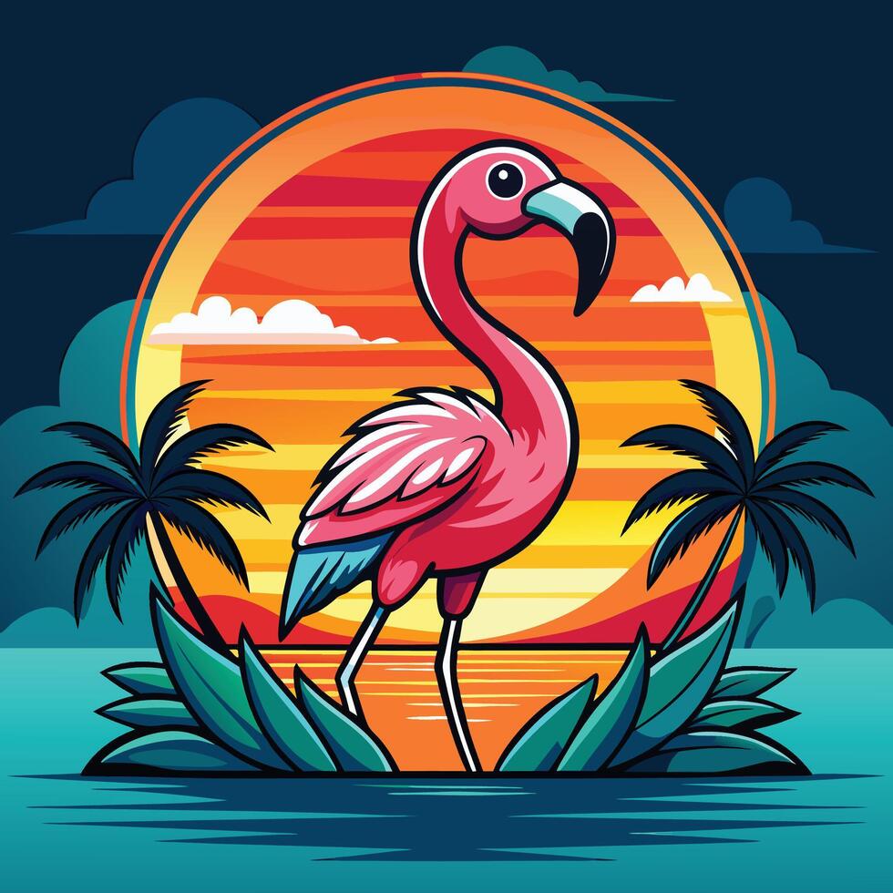 Flamingo on the background of trees and sunset illustration vector