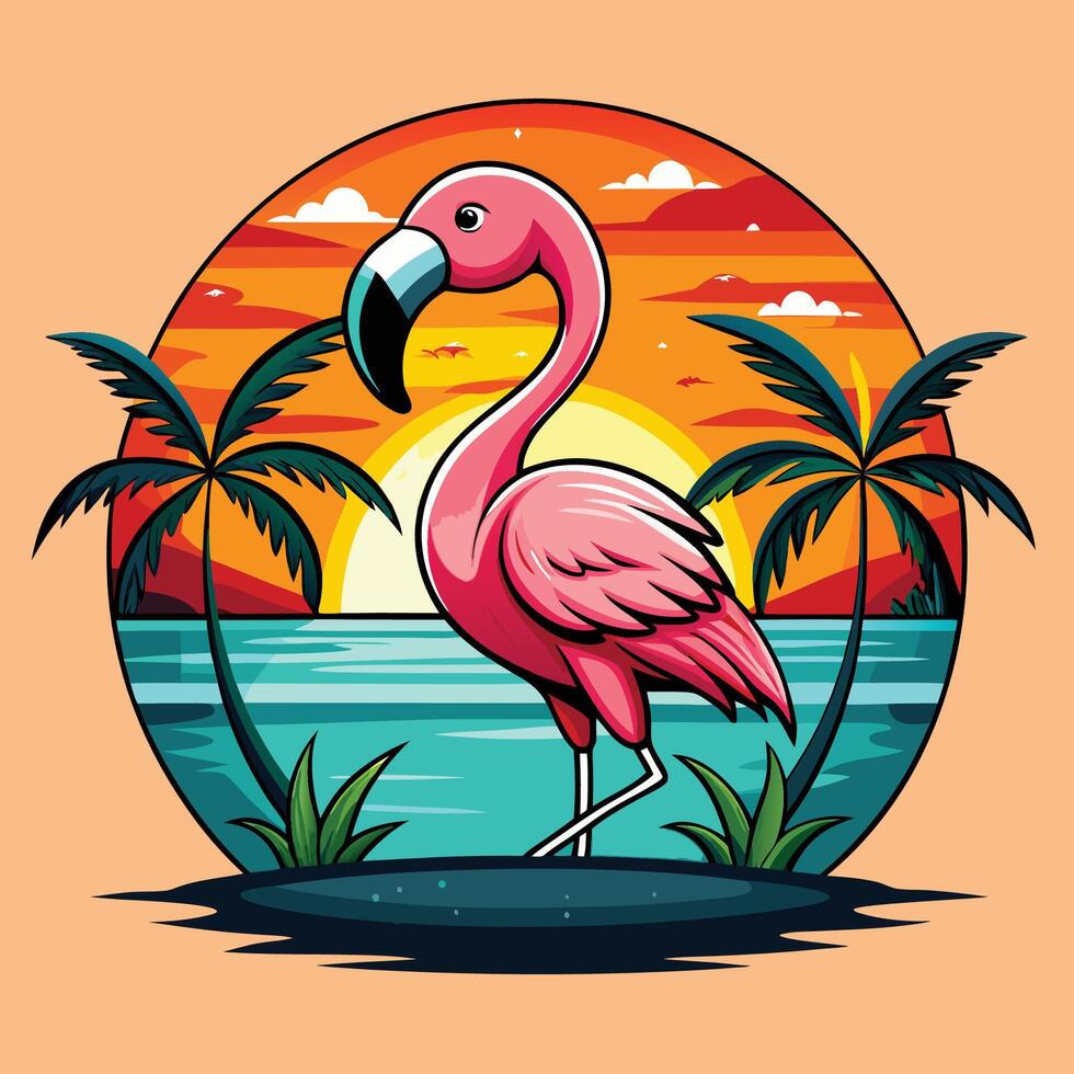 Flamingo on the background of trees and sunset illustration vector