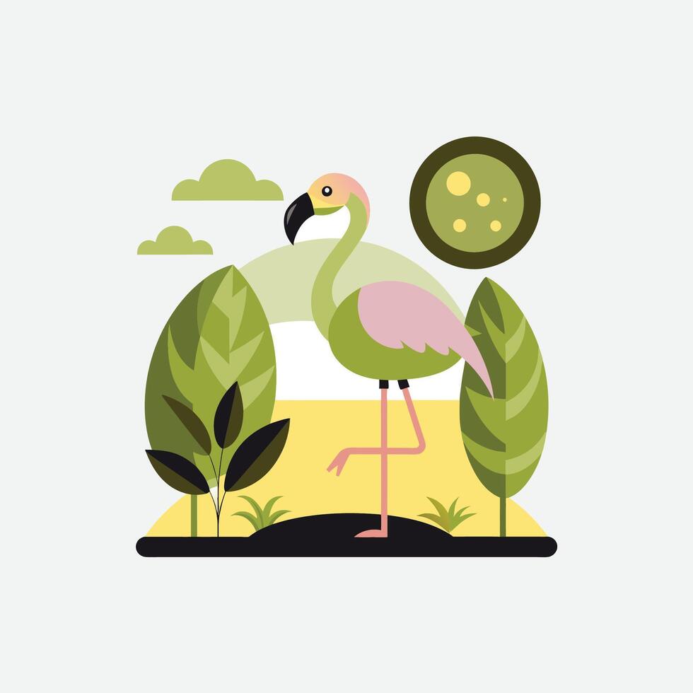 Flamingo on the background of trees and sunset illustration vector