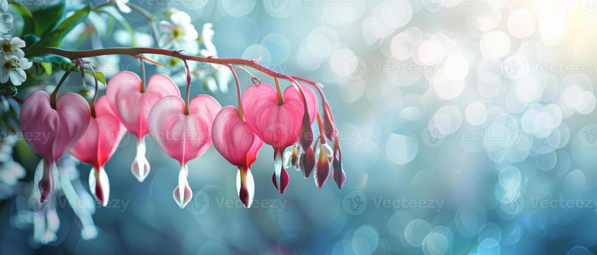 Pink Bleeding Heart flowers dangling elegantly with a bokeh light background, symbolizing grace and nature's beauty. photo