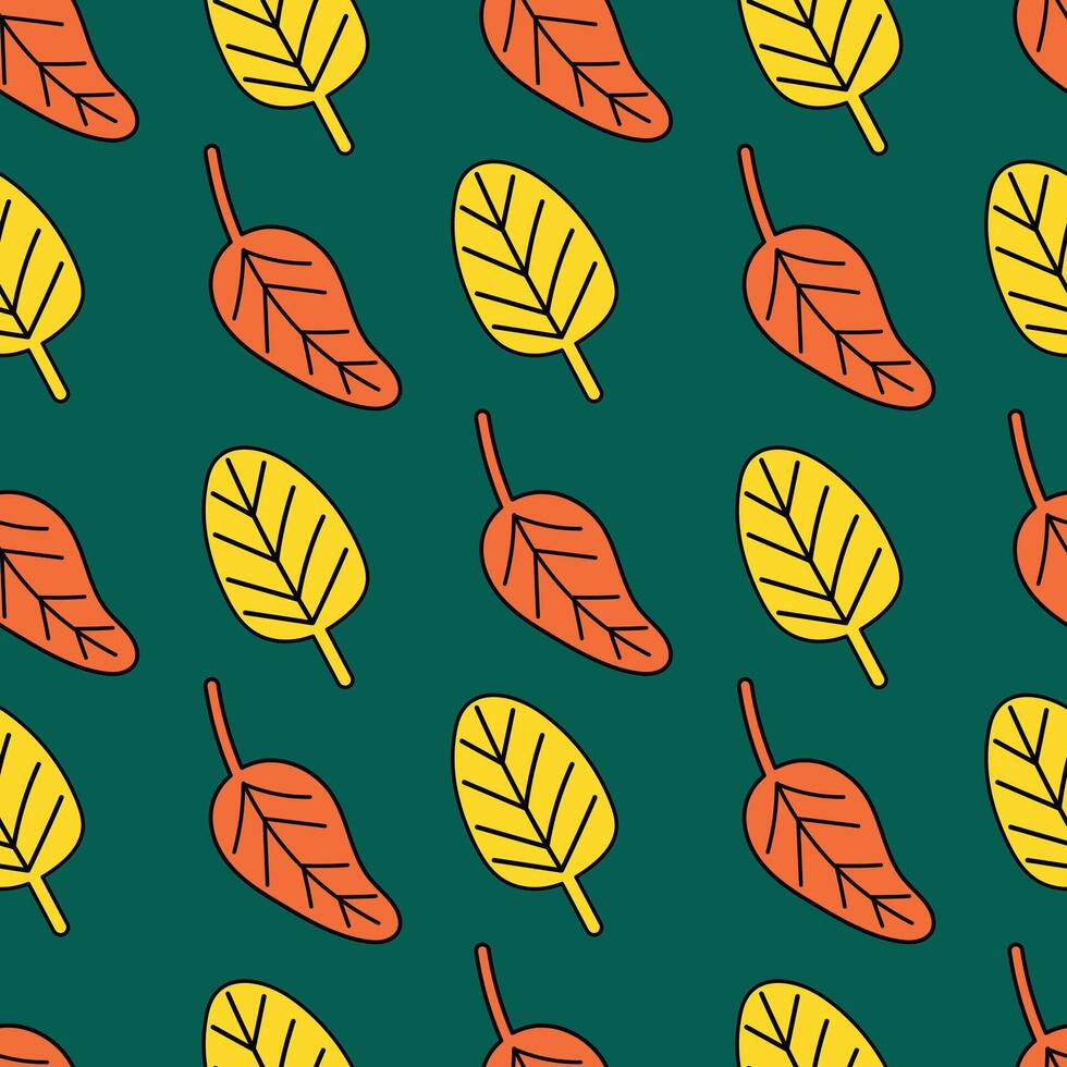 Autumn leaf seamless pattern. Bright leaves in a modern style on a green background. illustration for fabric, wrapping paper, cover, case vector