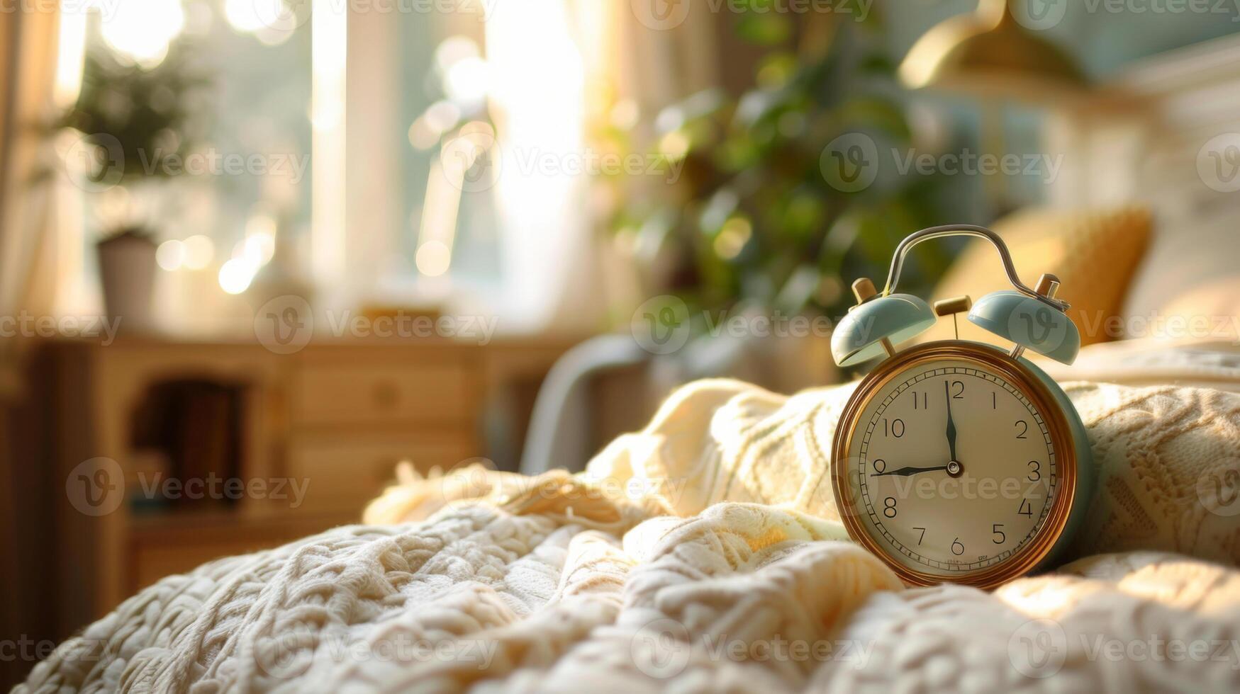 Close-up of a vintage alarm clock on a cozy bed with warm morning light streaming through a window in a bedroom. photo