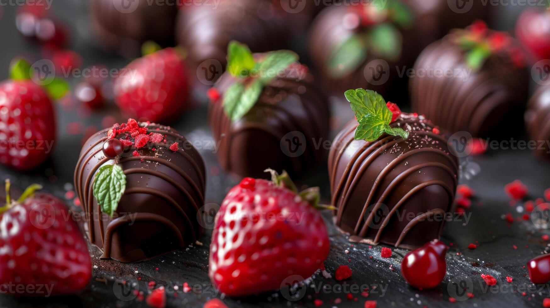Delicious chocolate truffles garnished with fresh strawberries and mint leaves, arranged on a dark background. photo