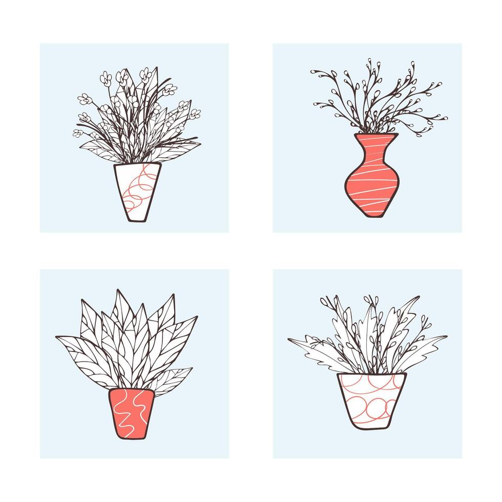Set of flowers vases in doodle style. vector