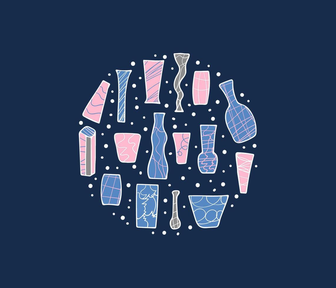 Set of flowers vases in doodle style. vector
