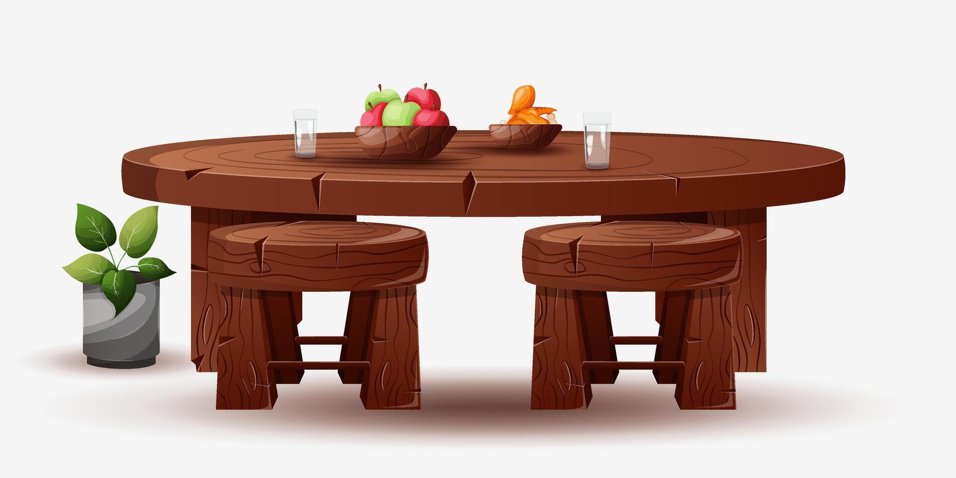 illustration of a round dining table and chairs made of solid wood with delicious food vector