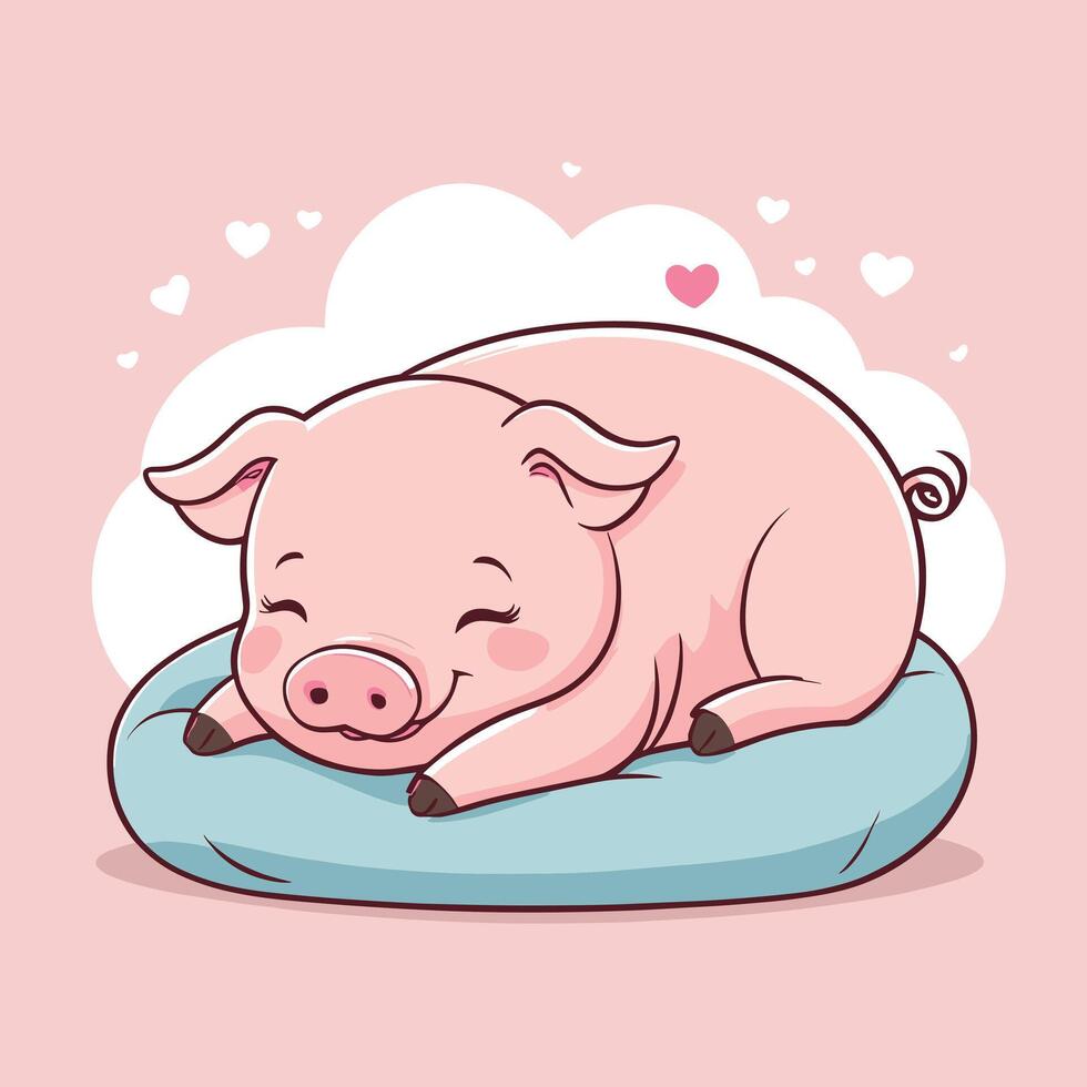 Sleeping pig with tiny hearts around cartoon illustration vector
