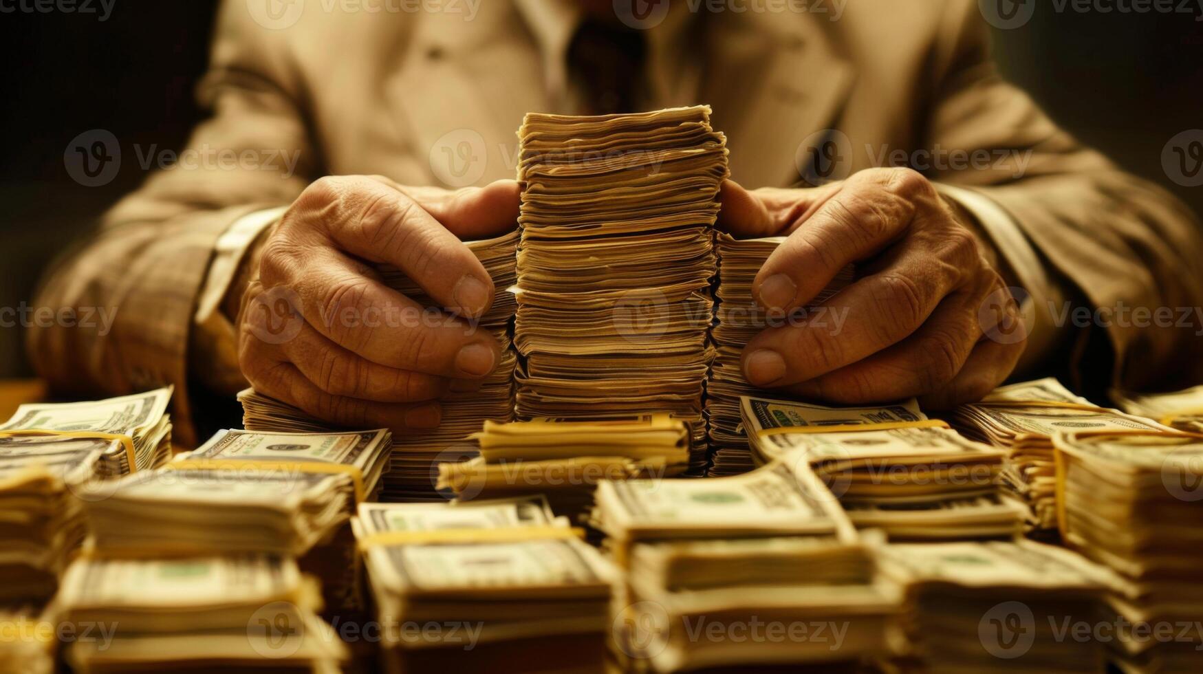 Hands organizing large stacks of cash bundles on a table, highlighting wealth, finance, and money management themes. photo