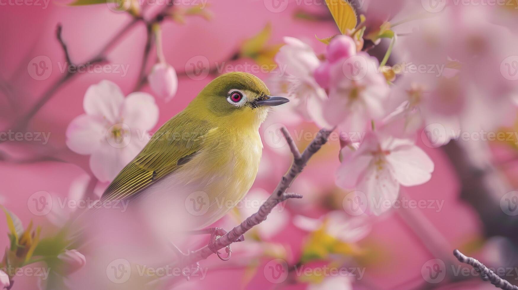 A small green bird perched among beautiful pink cherry blossoms, capturing the essence of spring and nature. photo