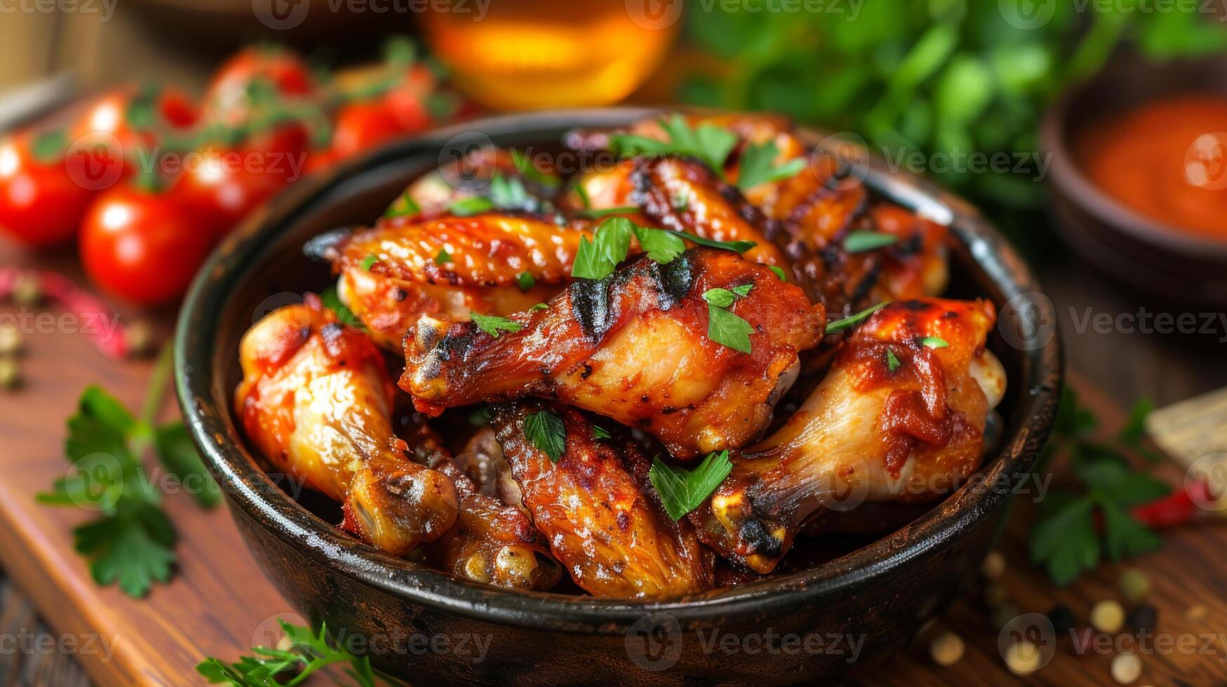 Delicious barbecue chicken wings served in a rustic bowl, garnished with fresh herbs, showcasing a flavorful and appetizing meal. photo