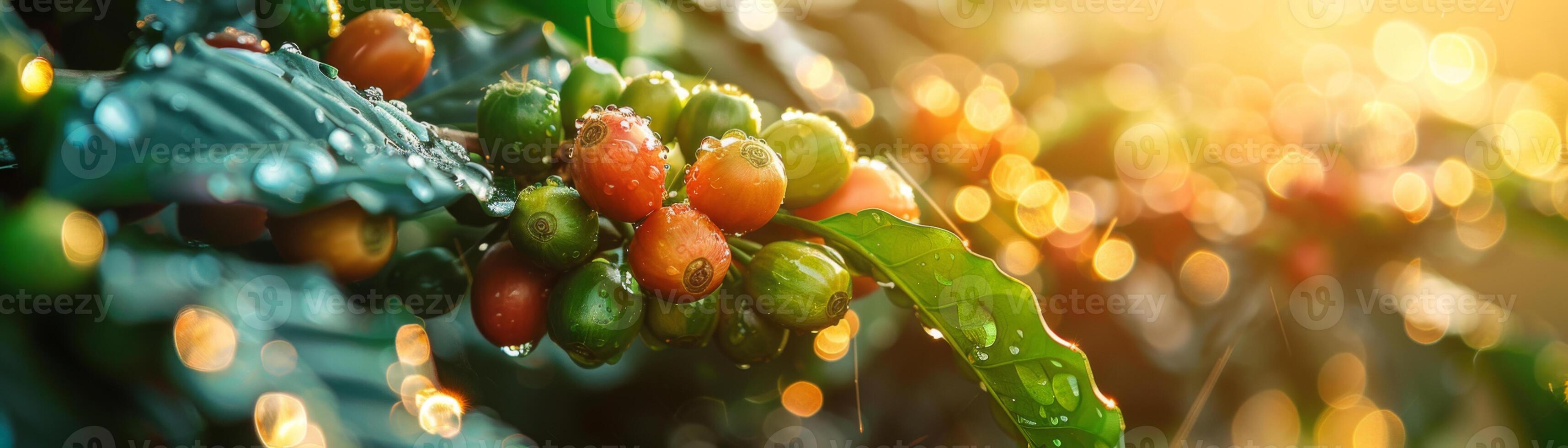 Lush coffee cherries on a branch, wet with dew and shimmering in the soft morning light. photo