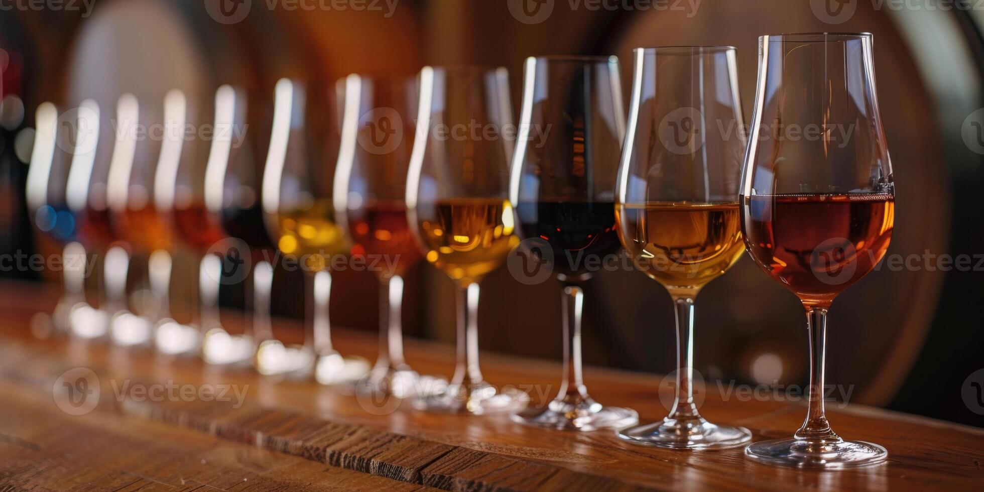 A row of different wine glasses filled with various types of wine, placed on a wooden counter in a winery. photo