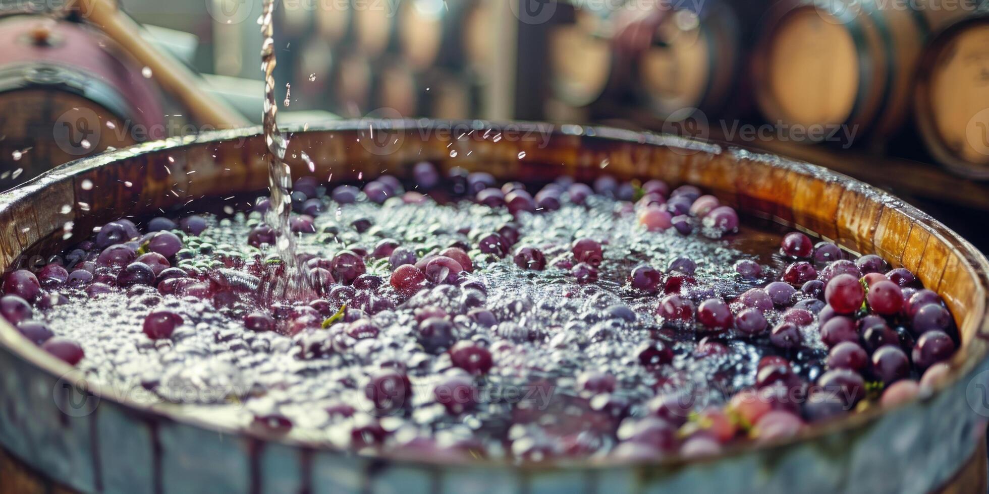 Water pouring over fresh grapes in a wooden barrel, symbolizing the start of the wine-making process. photo