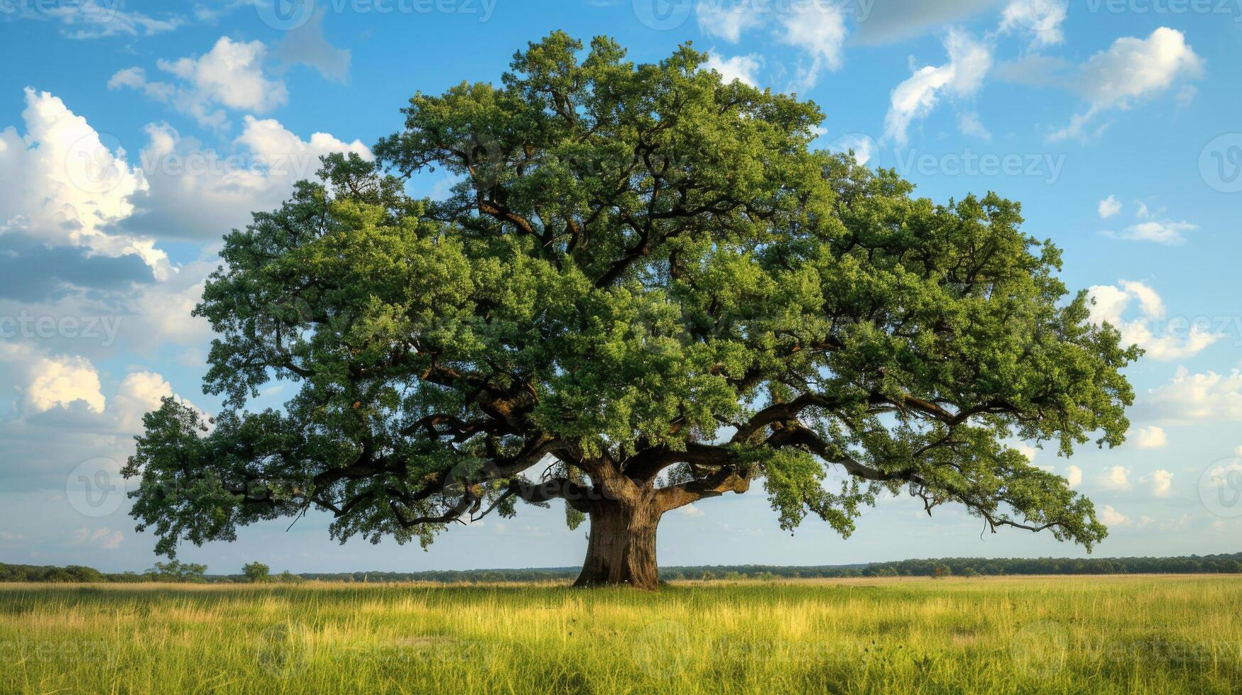 A majestic oak tree stands alone in an open field under a bright blue sky, epitomizing natural beauty and strength. photo