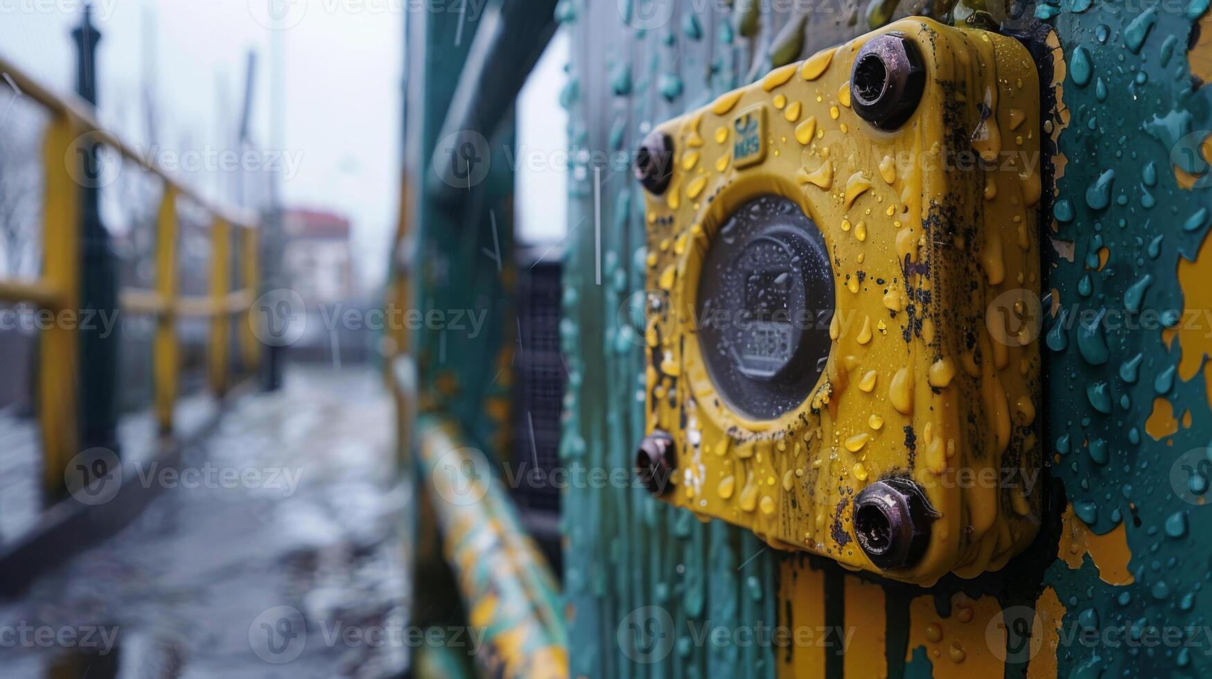 Close-up of a wet yellow industrial button on machinery in rainy weather, highlighting outdoor equipment and industrial environment. photo