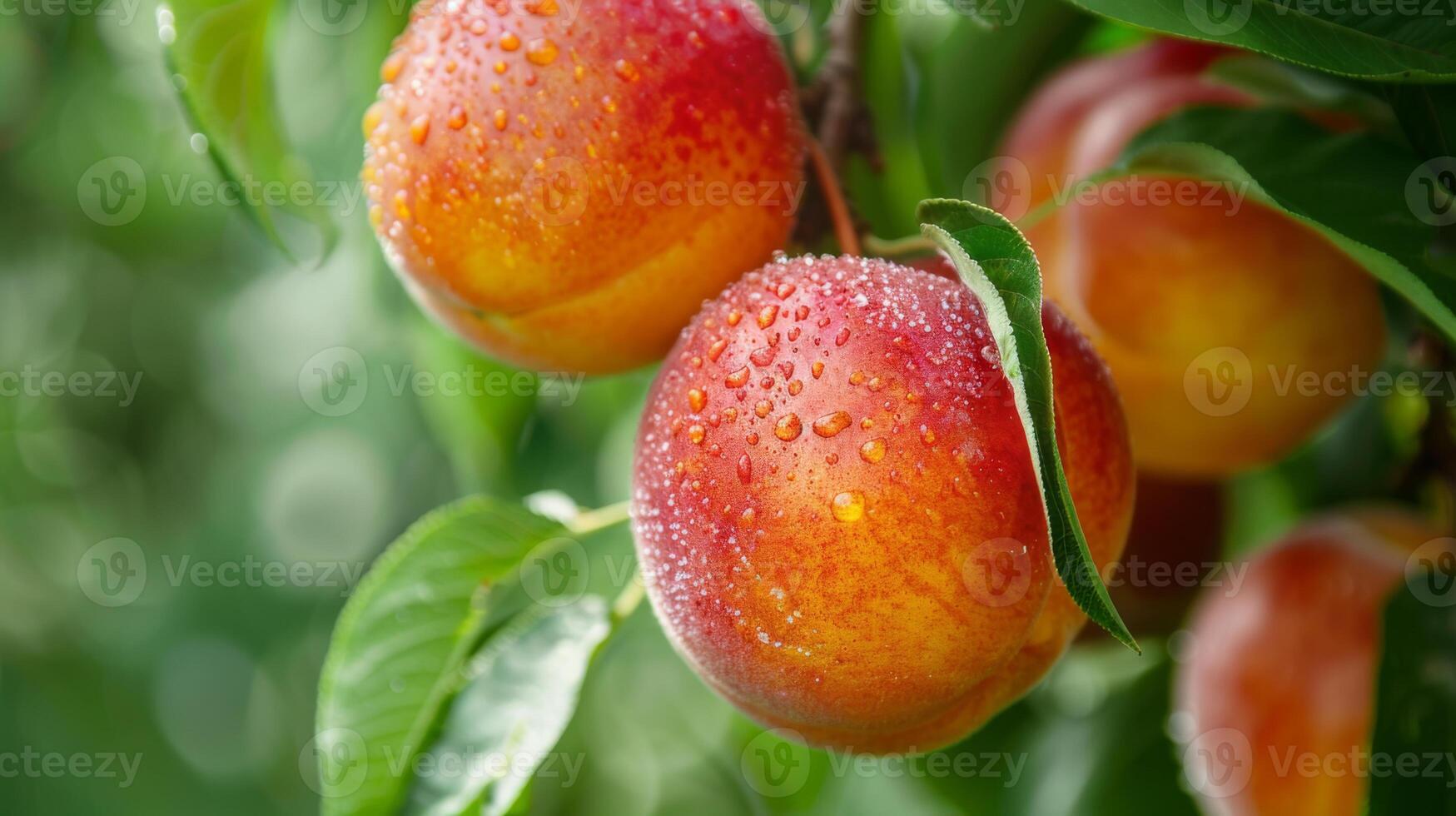 Close-up of fresh ripe peaches covered in dew, hanging from a tree branch in an orchard. photo