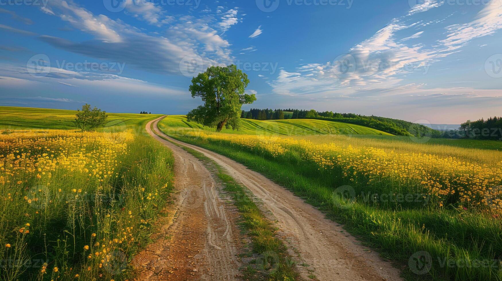Scenic view of a rural dirt road winding through a vibrant green field with wildflowers under a blue sky, ideal for nature and travel themes. photo