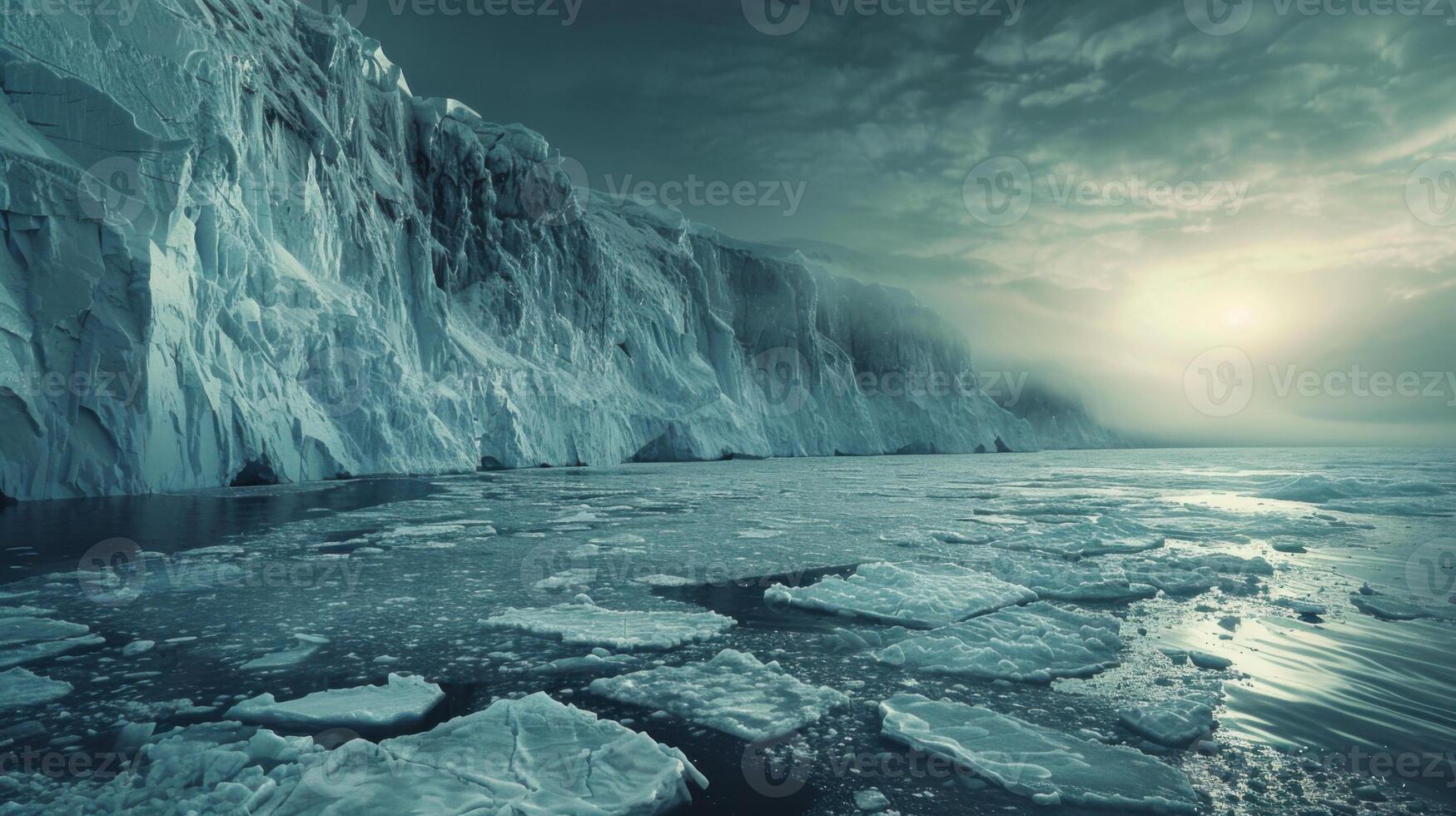 Vast frozen landscape with a towering iceberg and floating ice chunks, under a dramatic sunset sky. photo