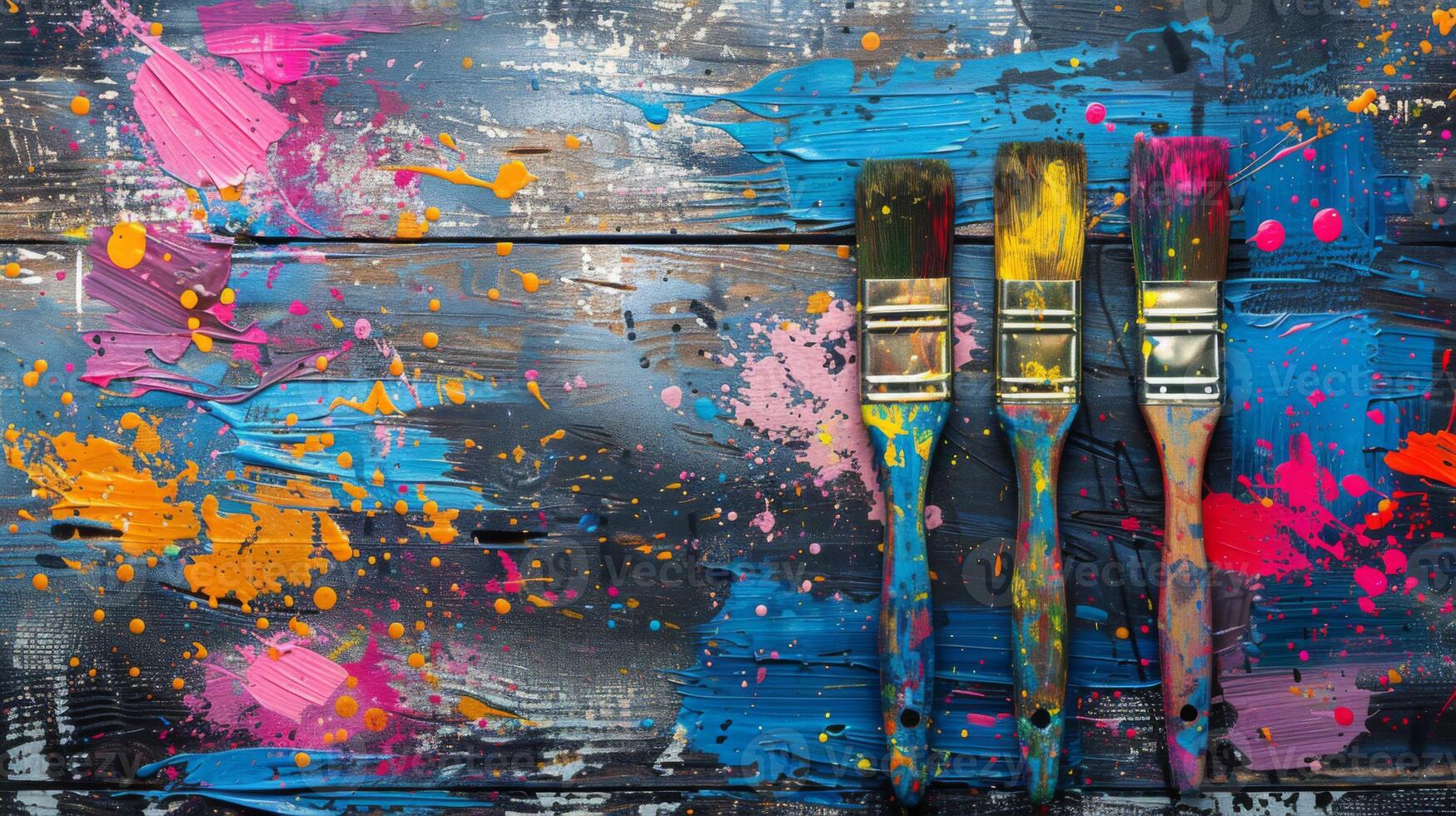 Three paint brushes covered in vibrant paint, resting on a colorful and artistic splattered canvas. photo