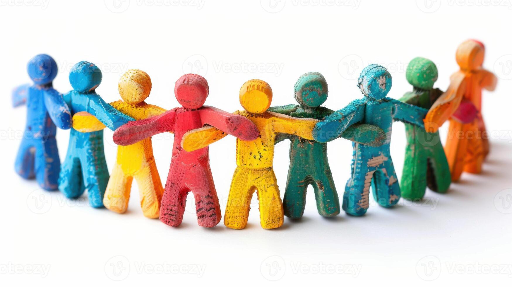 A group of colorful clay figures holding hands, representing unity, teamwork, and diversity. photo