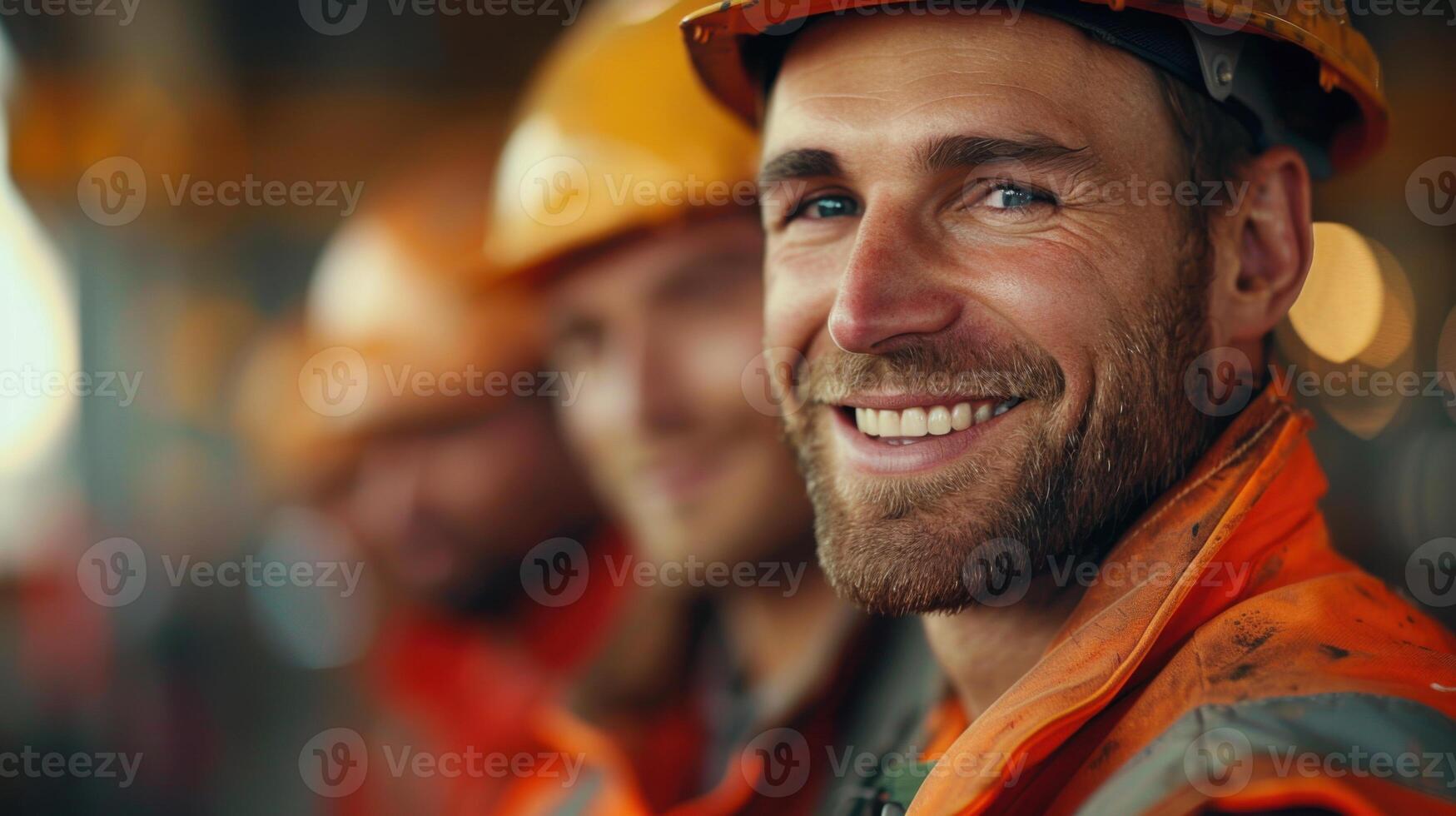 Close-up of a smiling construction worker wearing a hard hat and safety vest, with colleagues in the background. photo