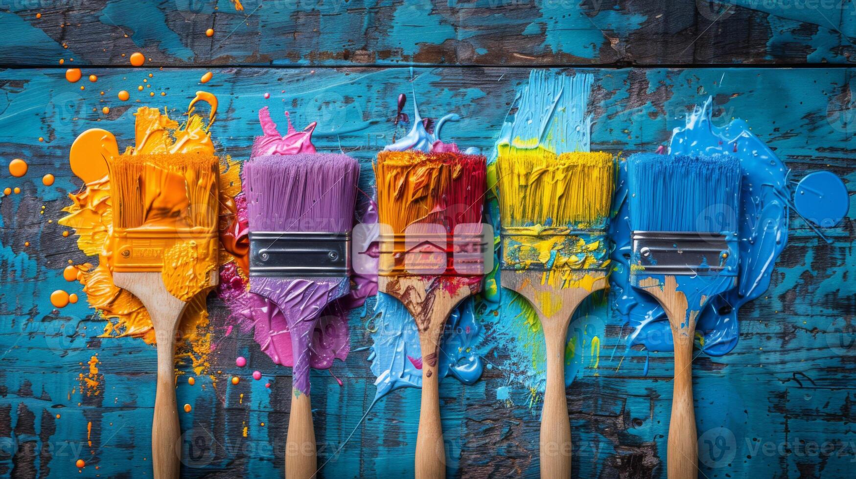 Five paint brushes dipped in various bright colors, arranged in a row on a painted wooden surface. photo
