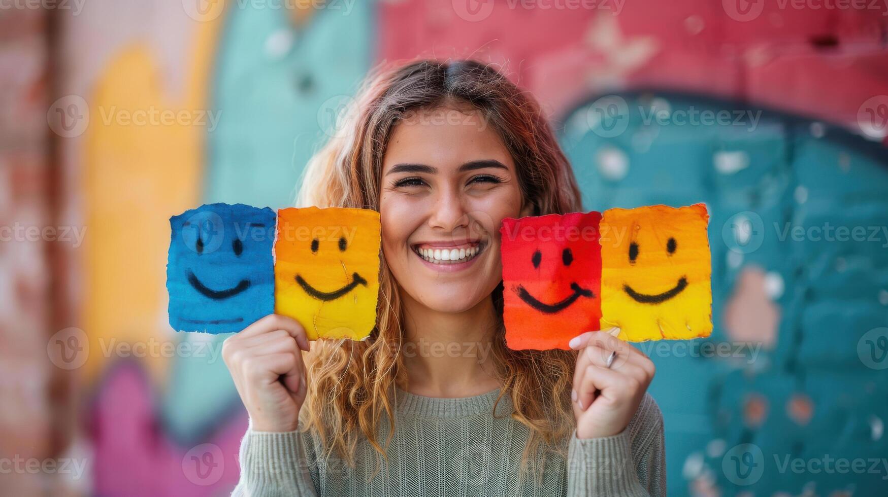 Smiling woman holding colorful paper squares with happy faces, standing against a vibrant graffiti wall background. photo