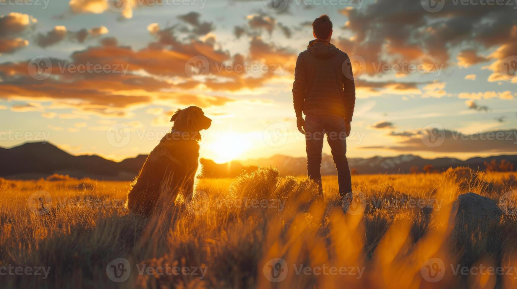 Silhouette of a man with his dog enjoying a beautiful sunset in a grassy field, highlighting companionship and nature's beauty. photo