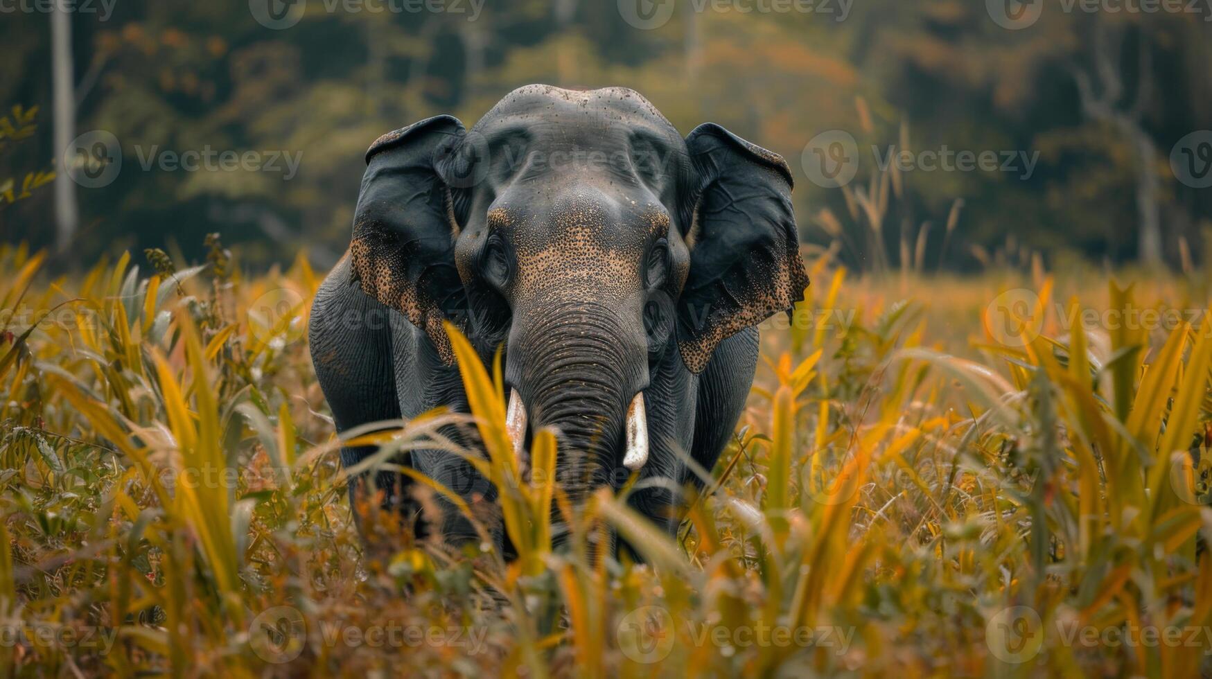 An adult elephant stands majestically in a lush, misty green field, surrounded by tall grass and a foggy atmosphere. photo