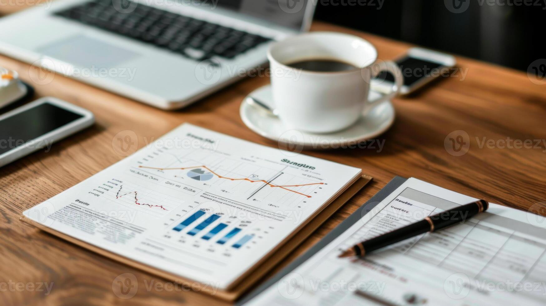 Workspace showing a laptop, coffee cup, and detailed analytics report on a wooden table. photo