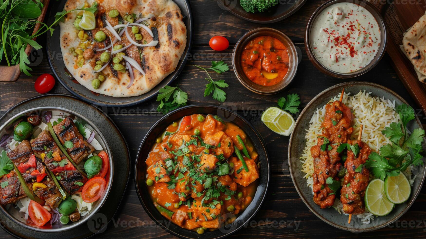A table laden with various Indian dishes including curry, naan bread, and grilled meats, vibrant and appealing. photo