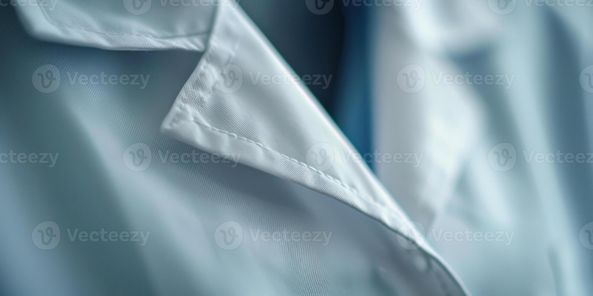 Close-up of a lab coat worn by a professional scientist, emphasizing the fabric and button details in a clinical setting. photo