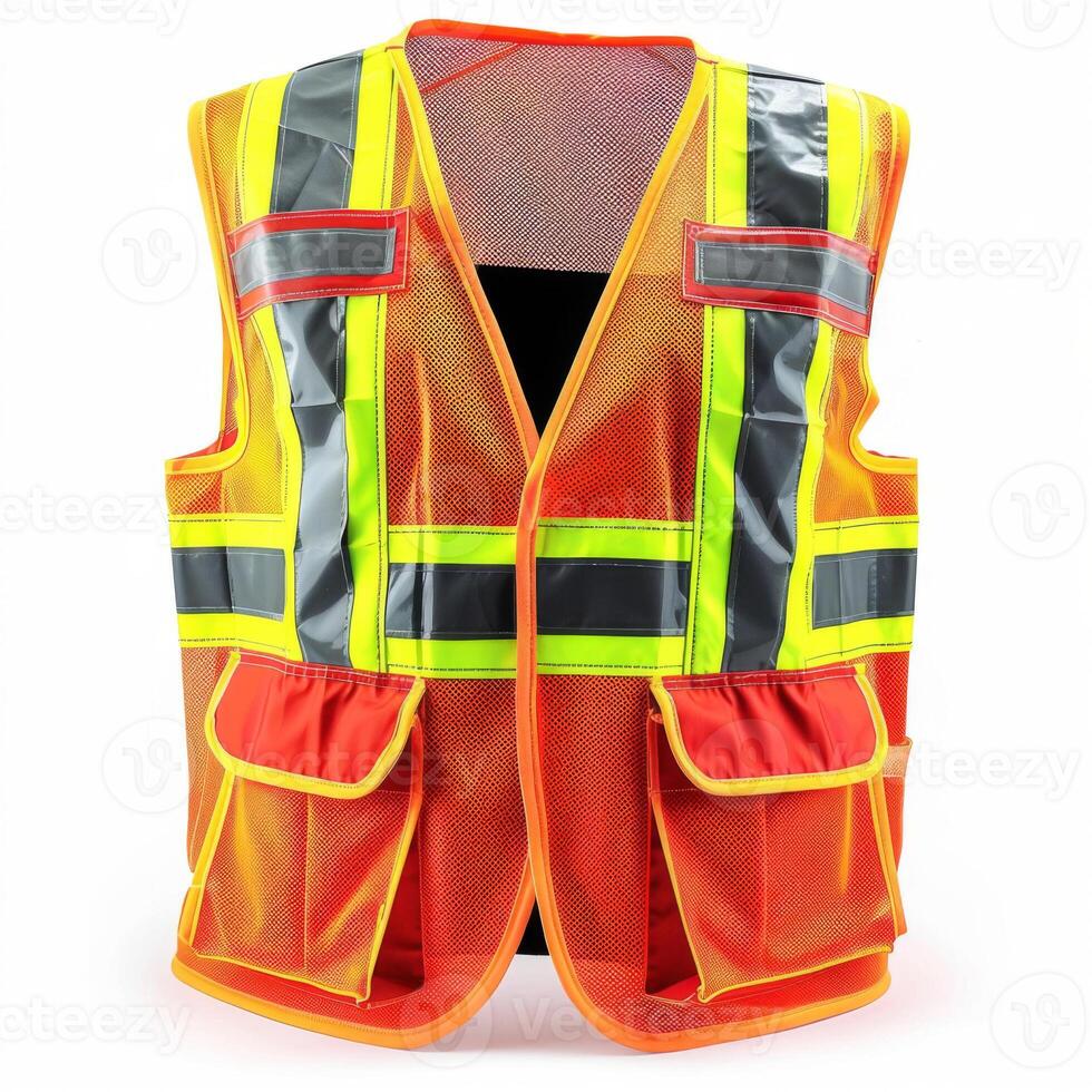 Front view of a high visibility reflective orange safety vest with multiple pockets against a white background. photo