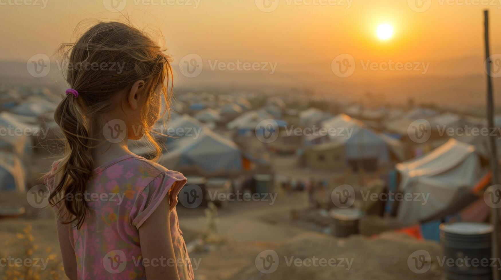Young girl with back turned, overlooking a refugee camp at sunset, symbolizing hope, resilience, and displacement. photo