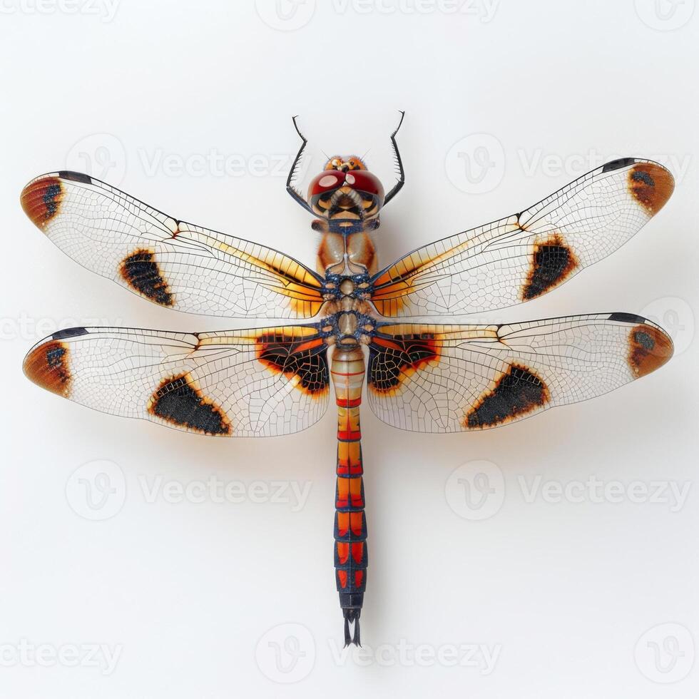 A macro photograph showcasing the intricate patterns and vibrant colors of a dragonfly's wings against a white backdrop. photo