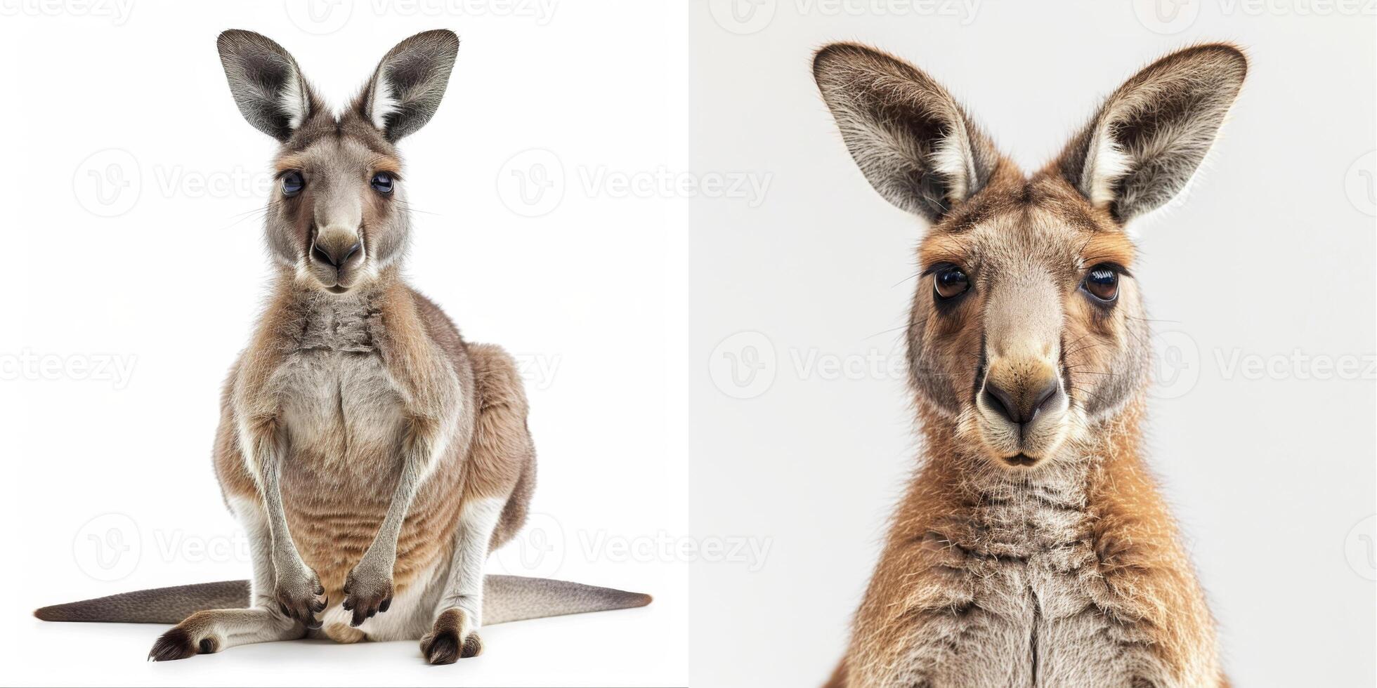 A close-up portrait of a kangaroo with large ears and brown eyes, isolated on white. photo