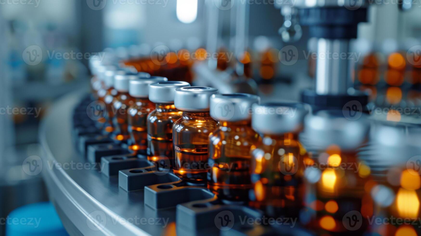 An automated production line with a series of orange liquid-filled pharmaceutical bottles in a laboratory setting. photo