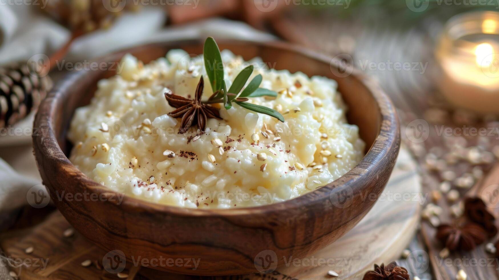 A bowl of creamy rice pudding garnished with star anise and herbs, served in a rustic wooden bowl. photo